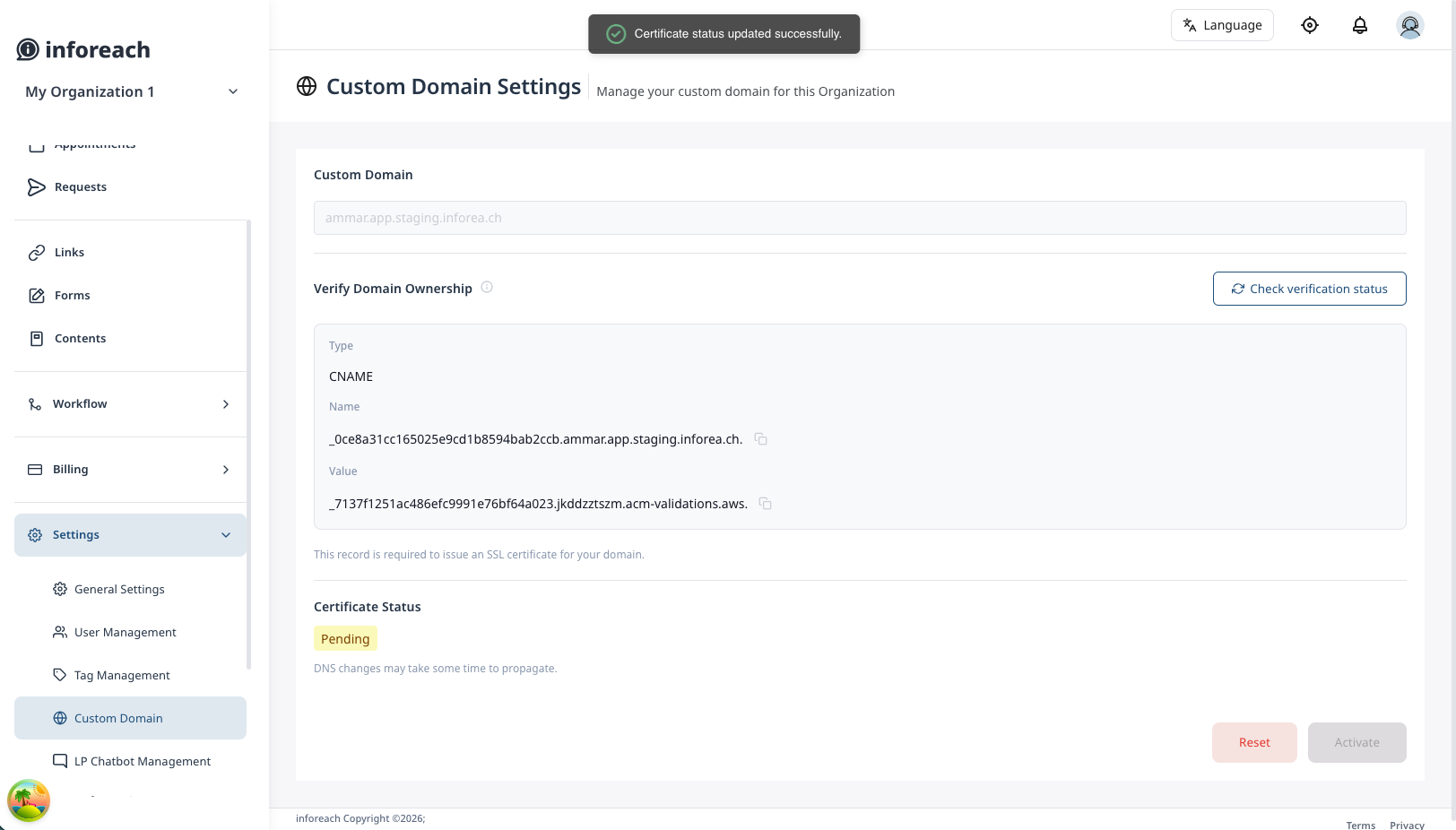 Custom domain setup screen