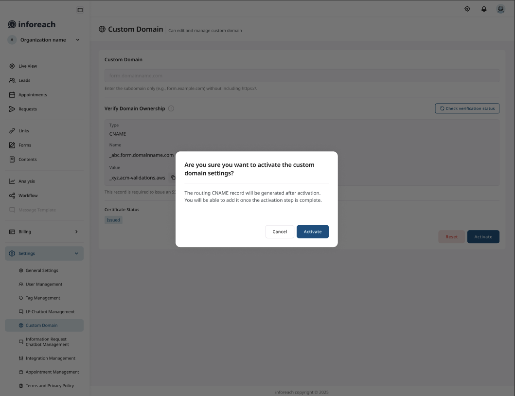 Custom domain, client-facing view