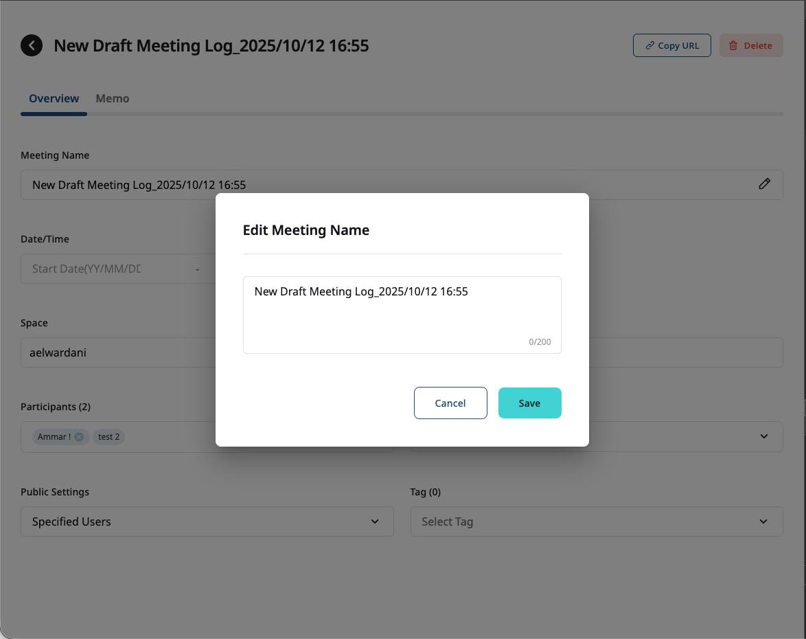 Meeting log edit, draft view