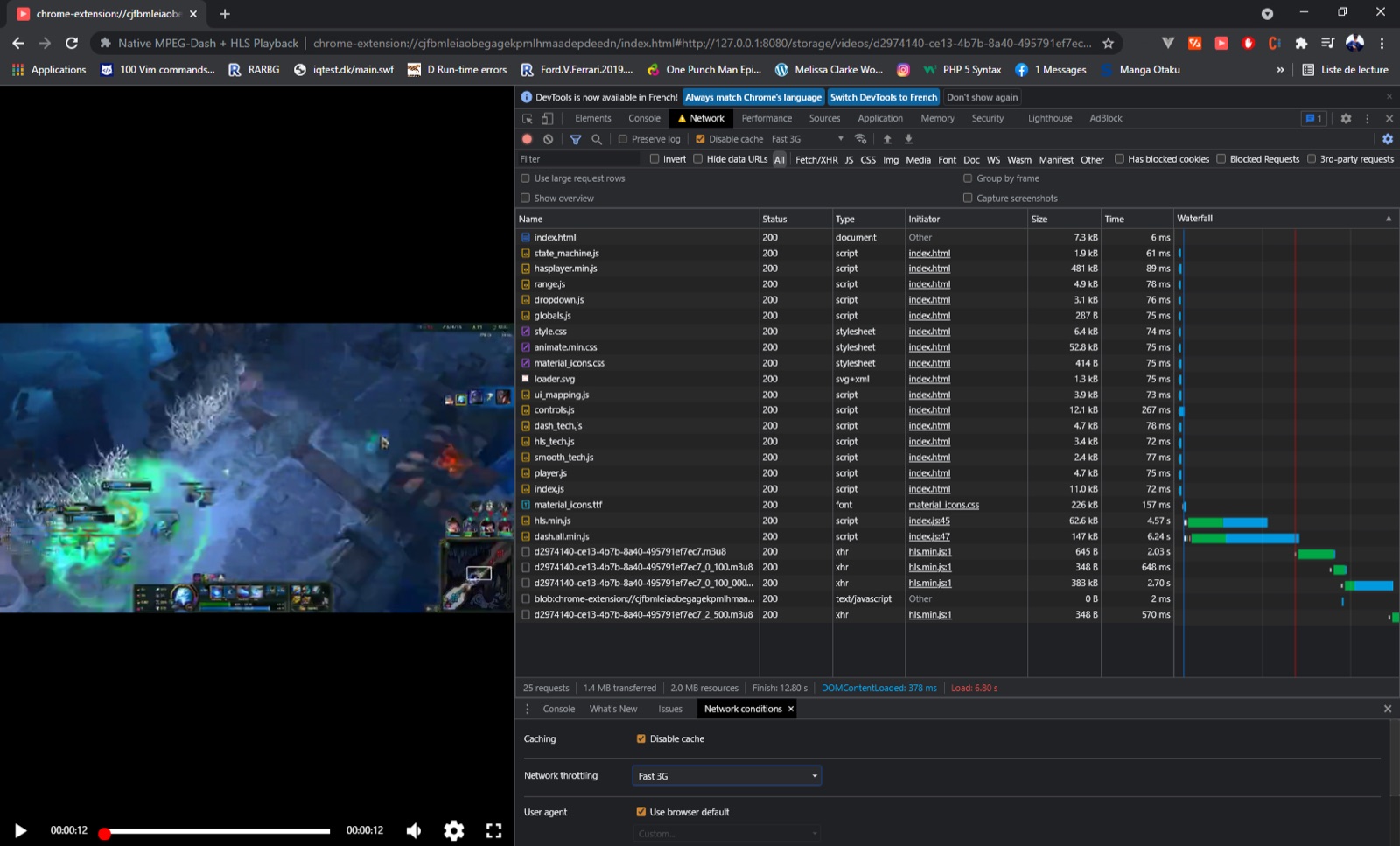 Adaptive bitrate playback, inspected in devtools