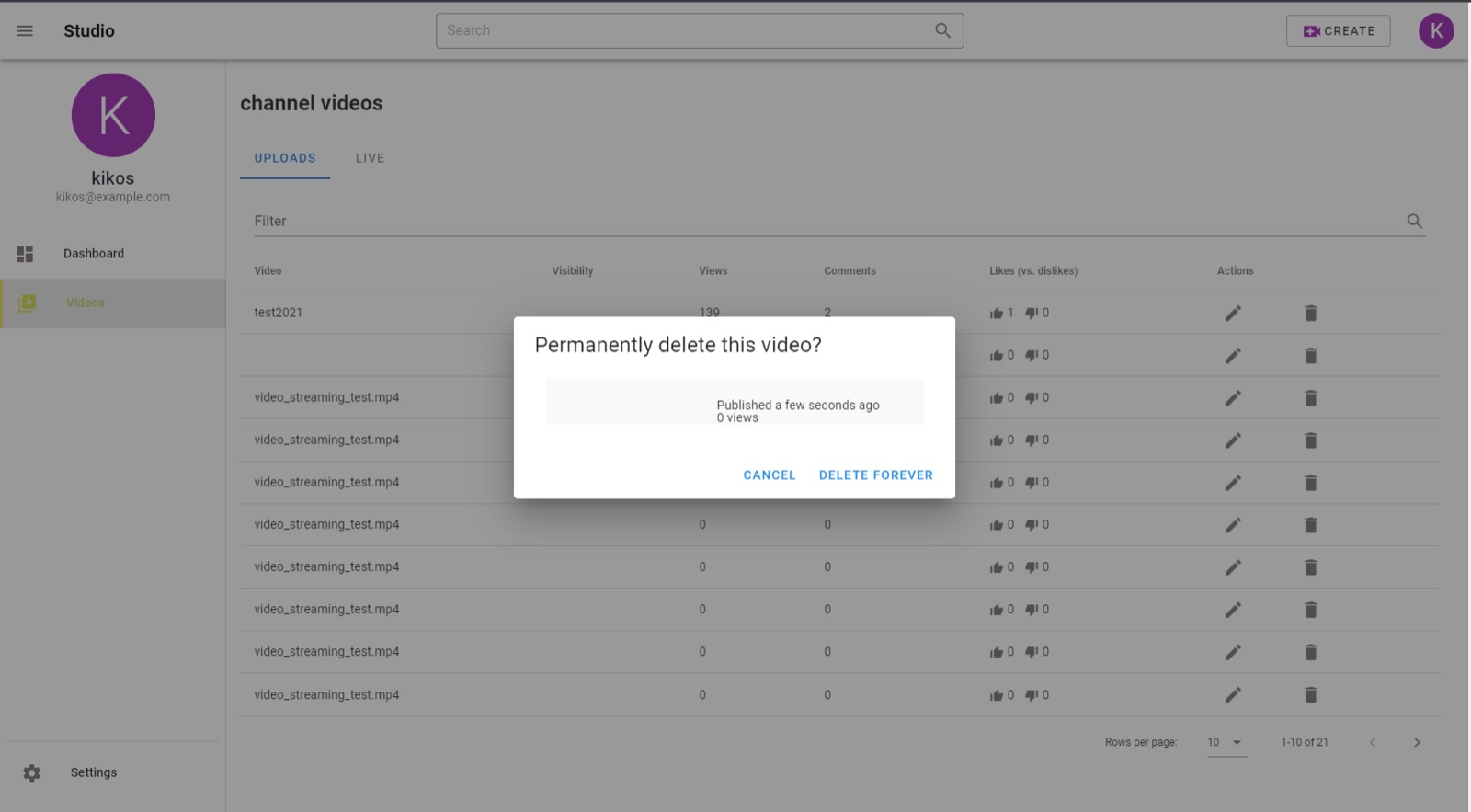 Video delete confirmation