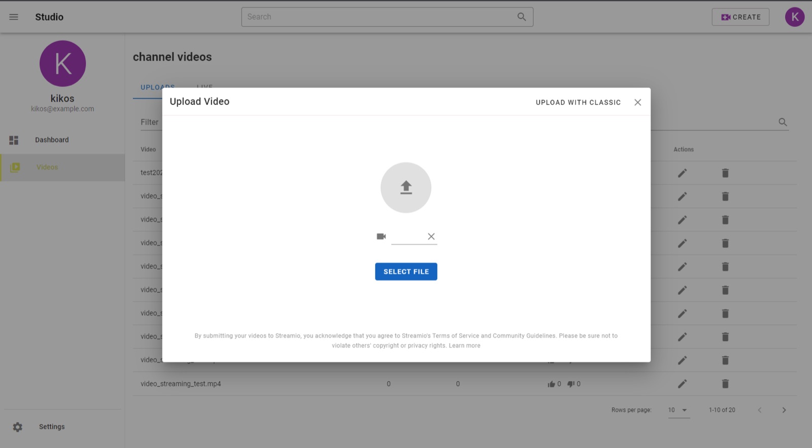 Video upload screen