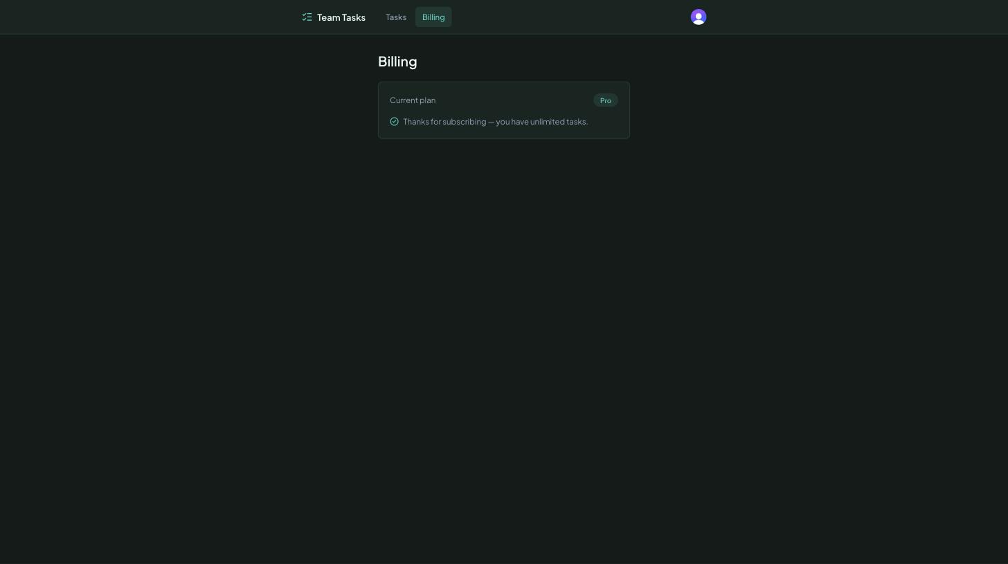 Billing page showing the active Pro subscription