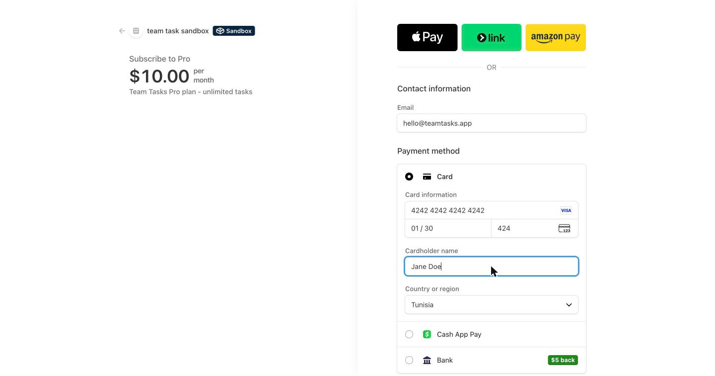 Stripe Checkout for the Pro subscription, in sandbox mode with a test card